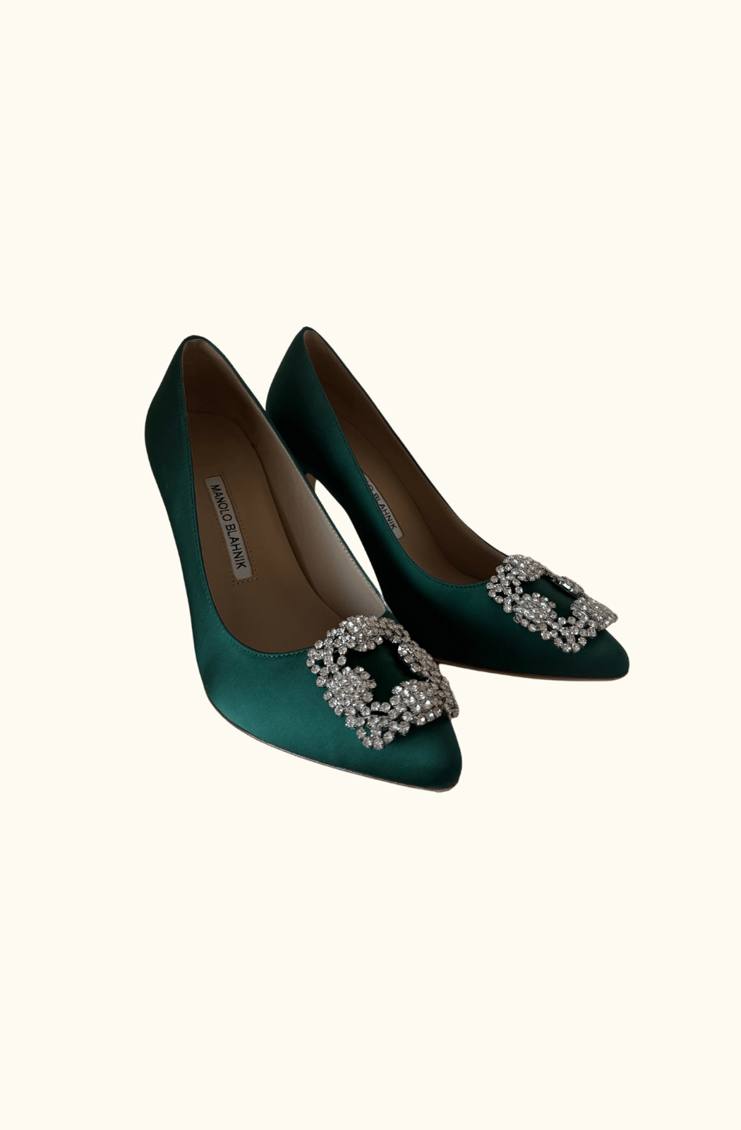 Manolo Blahnik Hangisi Green Satin Jewel Buckle Pumps UK5
