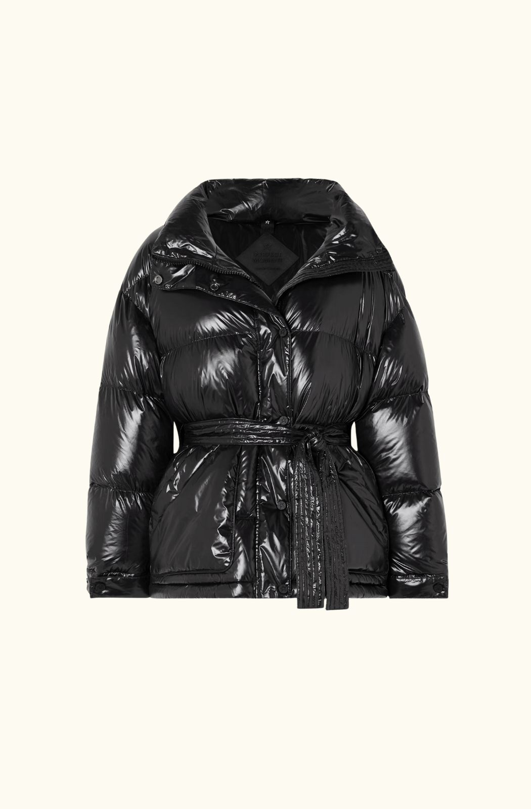 Perfect Moment Maya Jacket shown with a belt, glossy black jacket