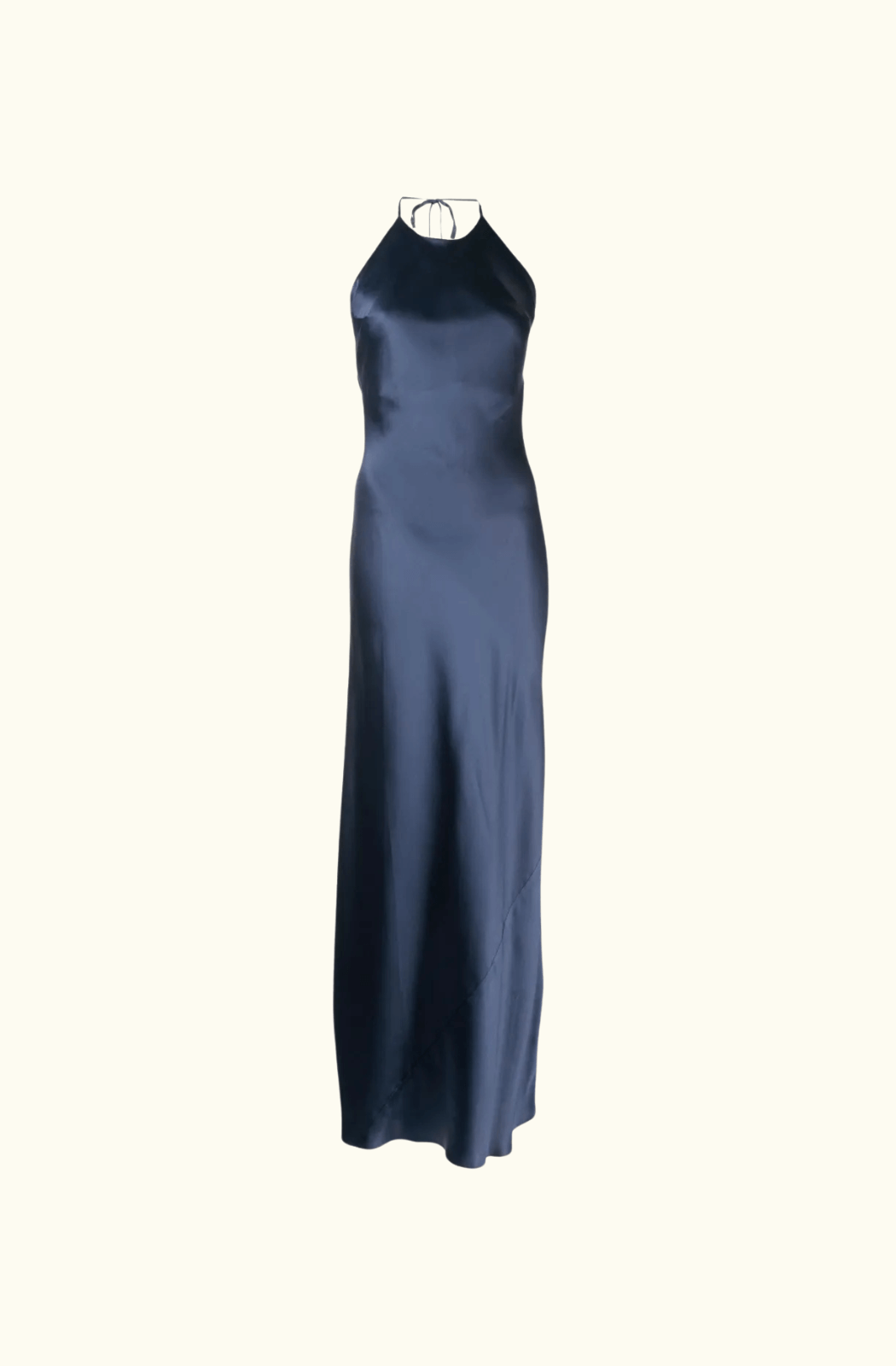 Chic navy blue satin dress with delicate lace detailing, a timeless choice for elegant occasions.