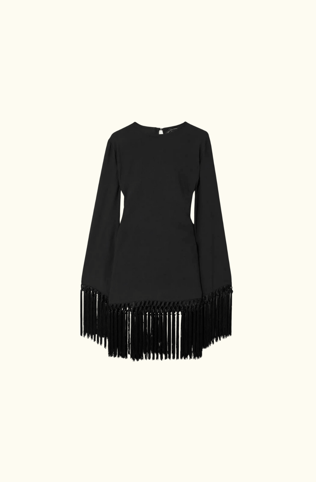 A flat-lay front view of the Taller Marmo 'Claudia' mini dress in black. The dress showcases a simple crepe design with long sleeves and fringe detailing on the cuffs and hem.