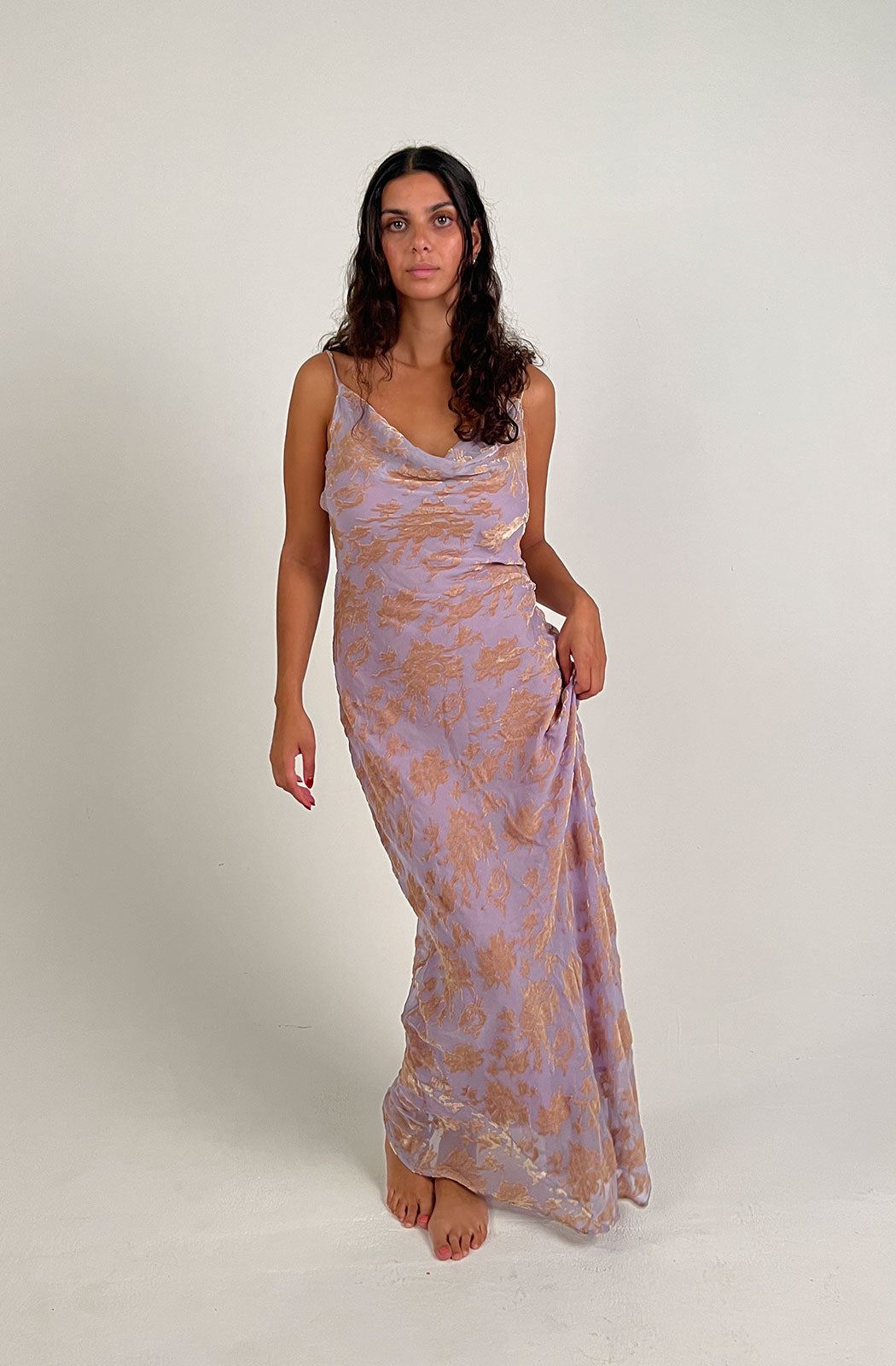Open back 100 silk Devore adjustable straps Cowl neckline Hugs body so nice. Size Medium