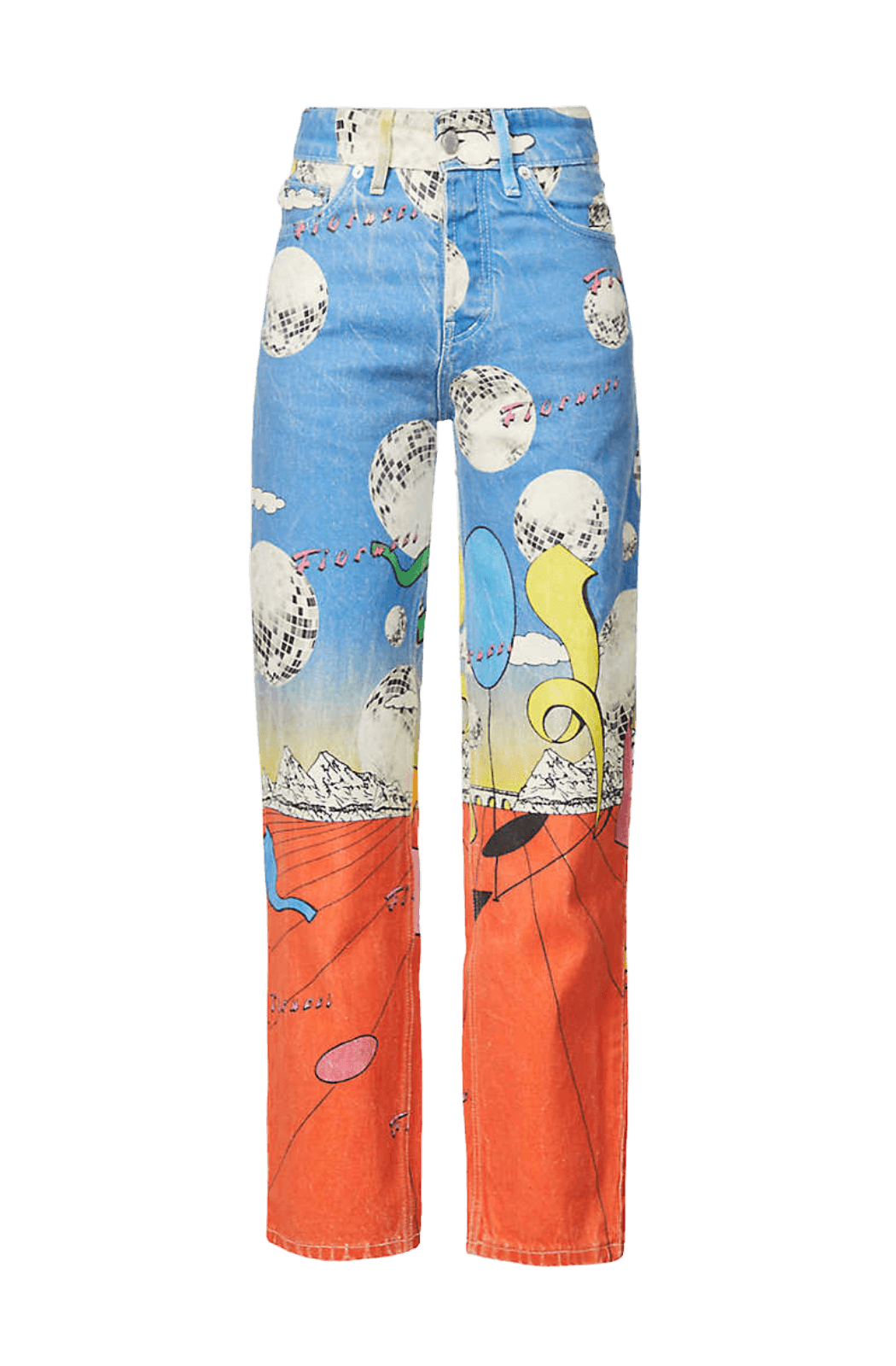 Women's Discoteca Jeans in the all-over multi-coloured discoteca print from the archive. The graphic jeans are high-waisted with a straight leg fit, iconic 5-pocket design, waistband with belt loop and a button and zip fly. Made from hand-crafted, incredibly flattering premium denim. Model front view
