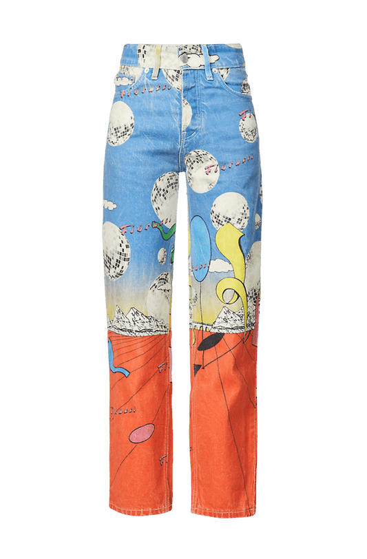 Women's Discoteca Jeans in the all-over multi-coloured discoteca print from the archive. The graphic jeans are high-waisted with a straight leg fit, iconic 5-pocket design, waistband with belt loop and a button and zip fly. Made from hand-crafted, incredibly flattering premium denim. Model front view