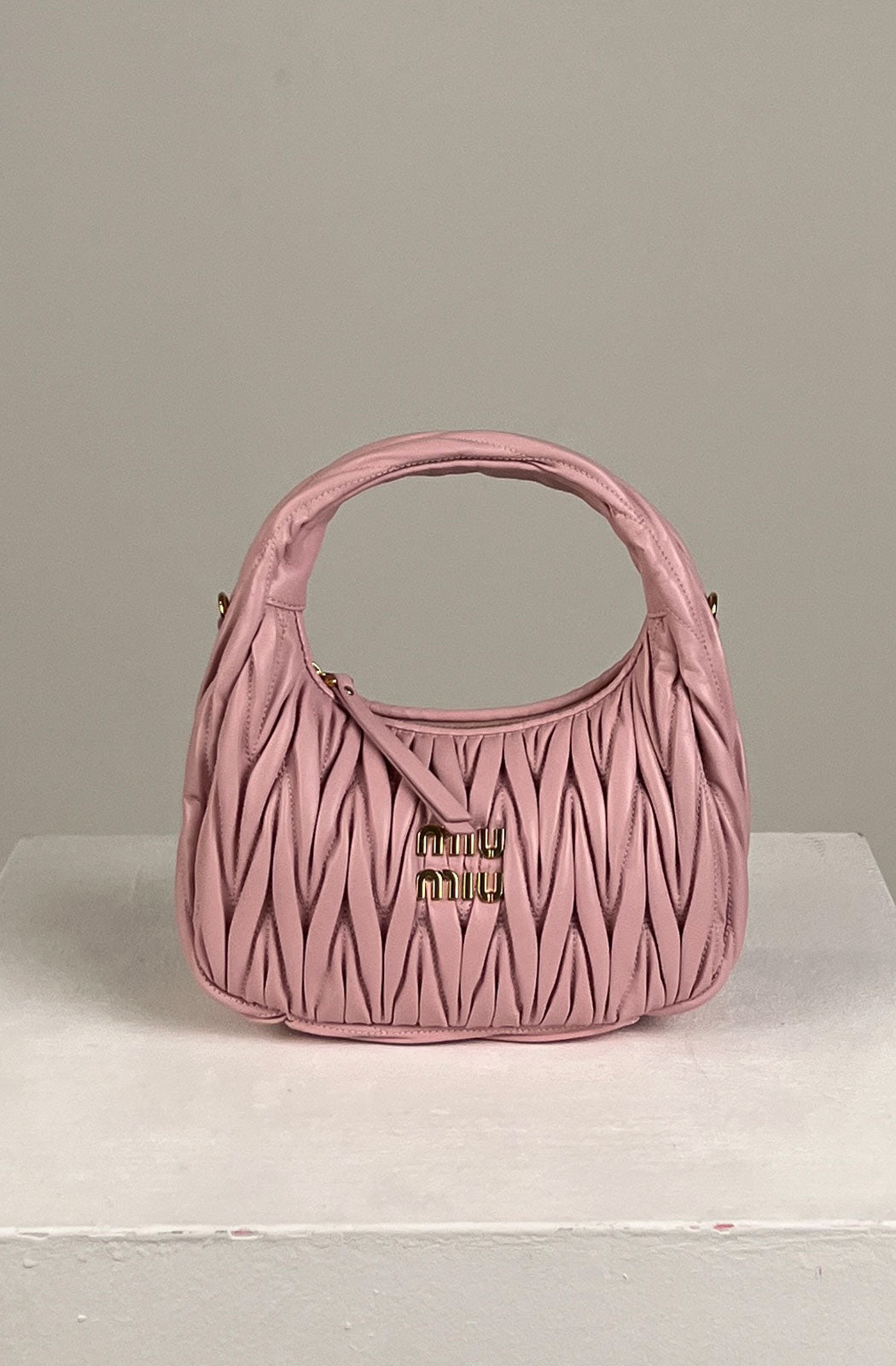 Miu-Wander- baby pink matelasse-nappa-leather-mini-hobo-bag