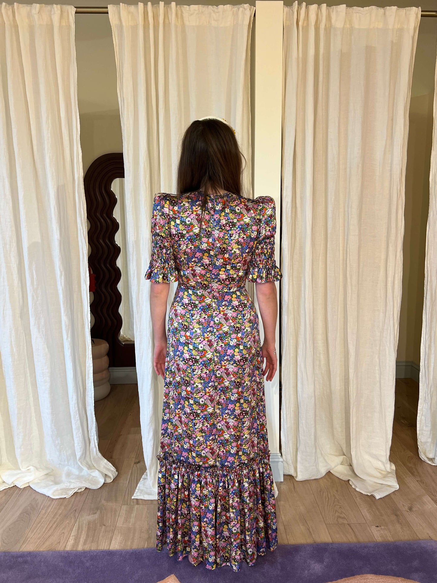 Susie Ruffled Floral-Print Silk-Satin Maxi Dress by The Vampire's Wife Back Of Dress Image