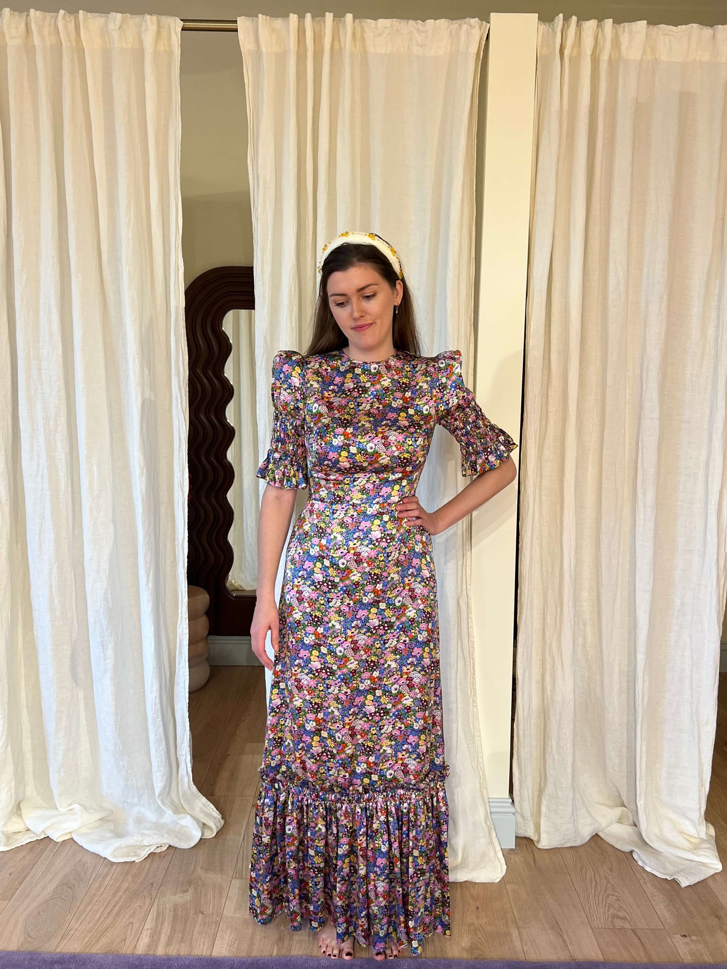 Susie Ruffled Floral-Print Silk-Satin Maxi Dress by The Vampire's Wife Photo Of Model Wearing Dress
