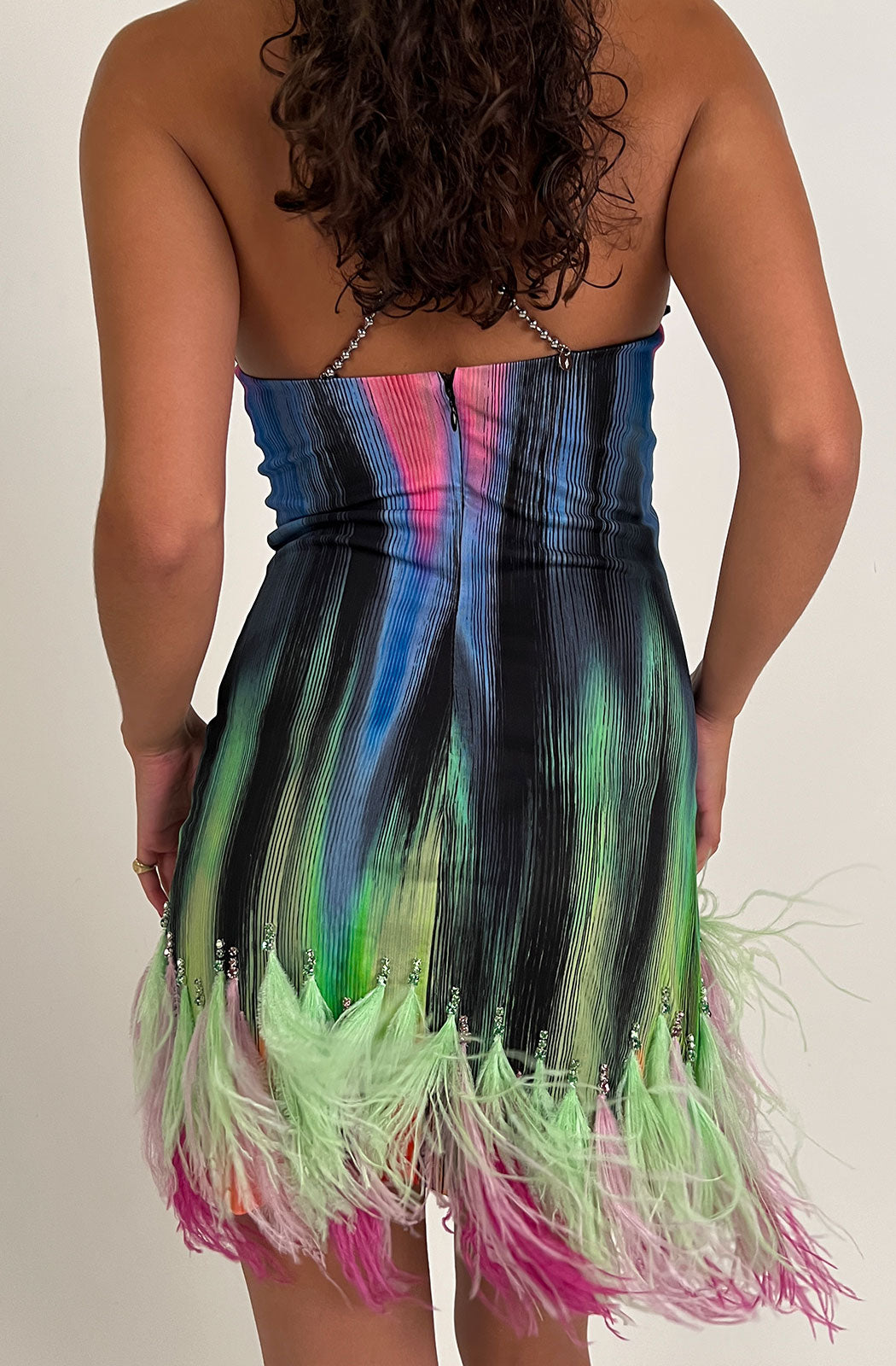 THE ATTICO FUJIKO PRINTED MINI DRESS W/ FEATHERS BACK VIEW