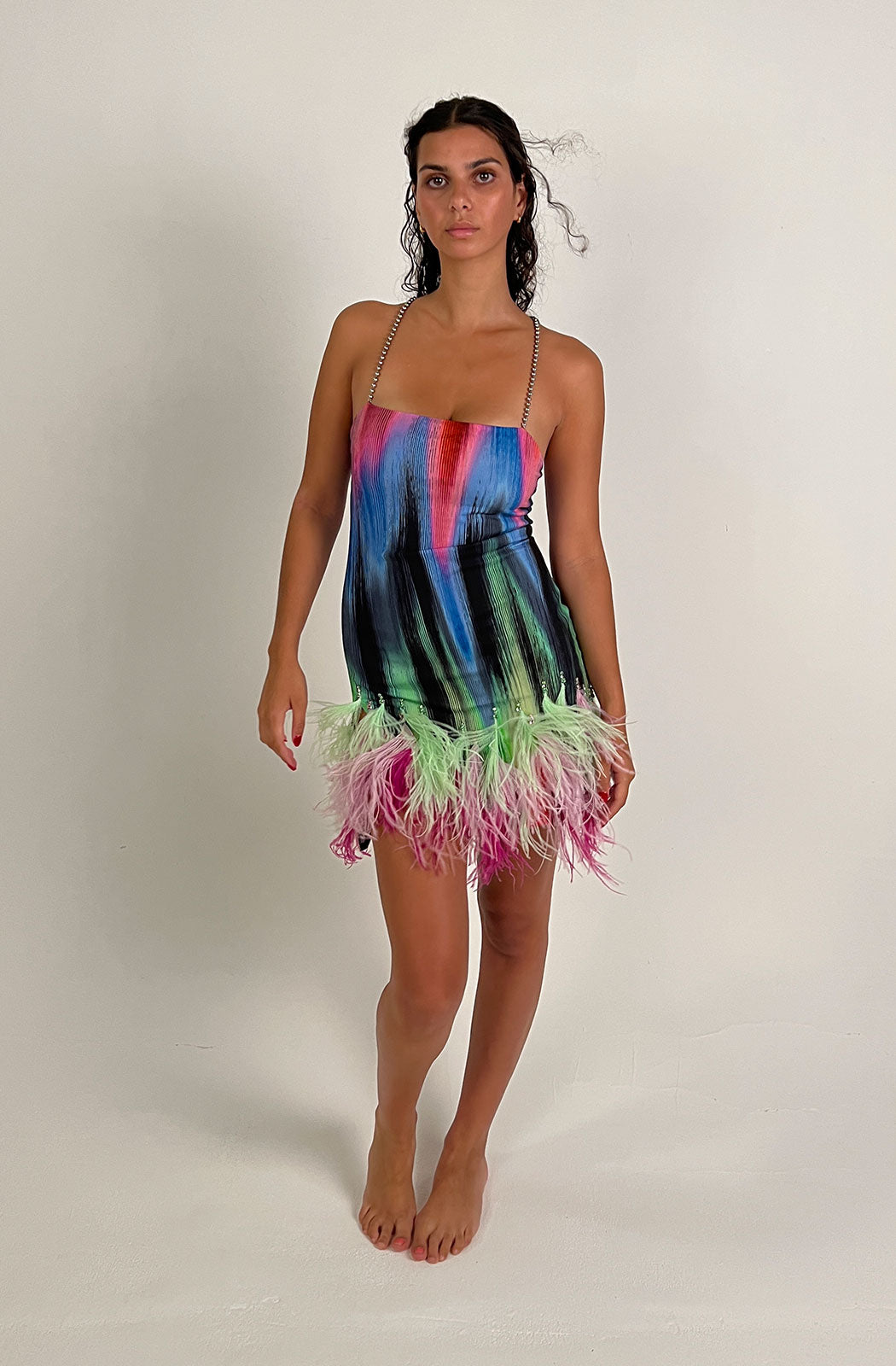 THE ATTICO FUJIKO PRINTED MINI DRESS W/ FEATHERS MODEL VIEW