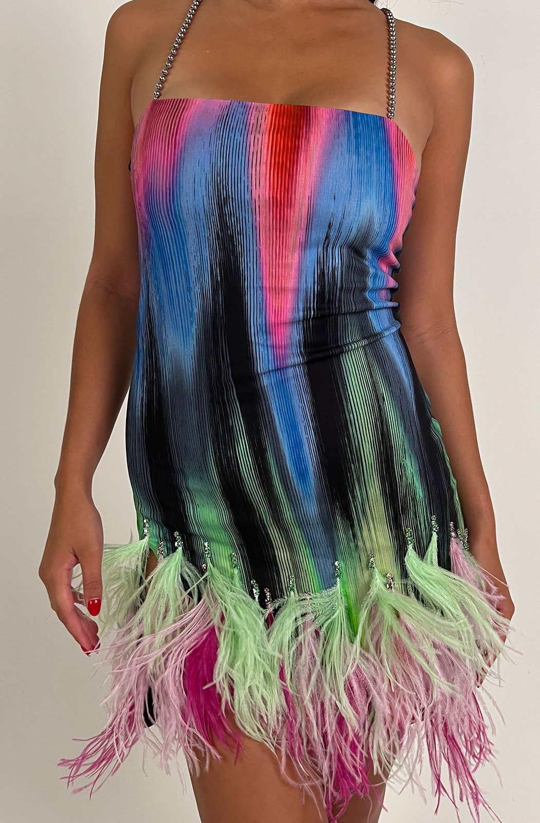 THE ATTICO FUJIKO PRINTED MINI DRESS W/ FEATHERS CLOSE UP