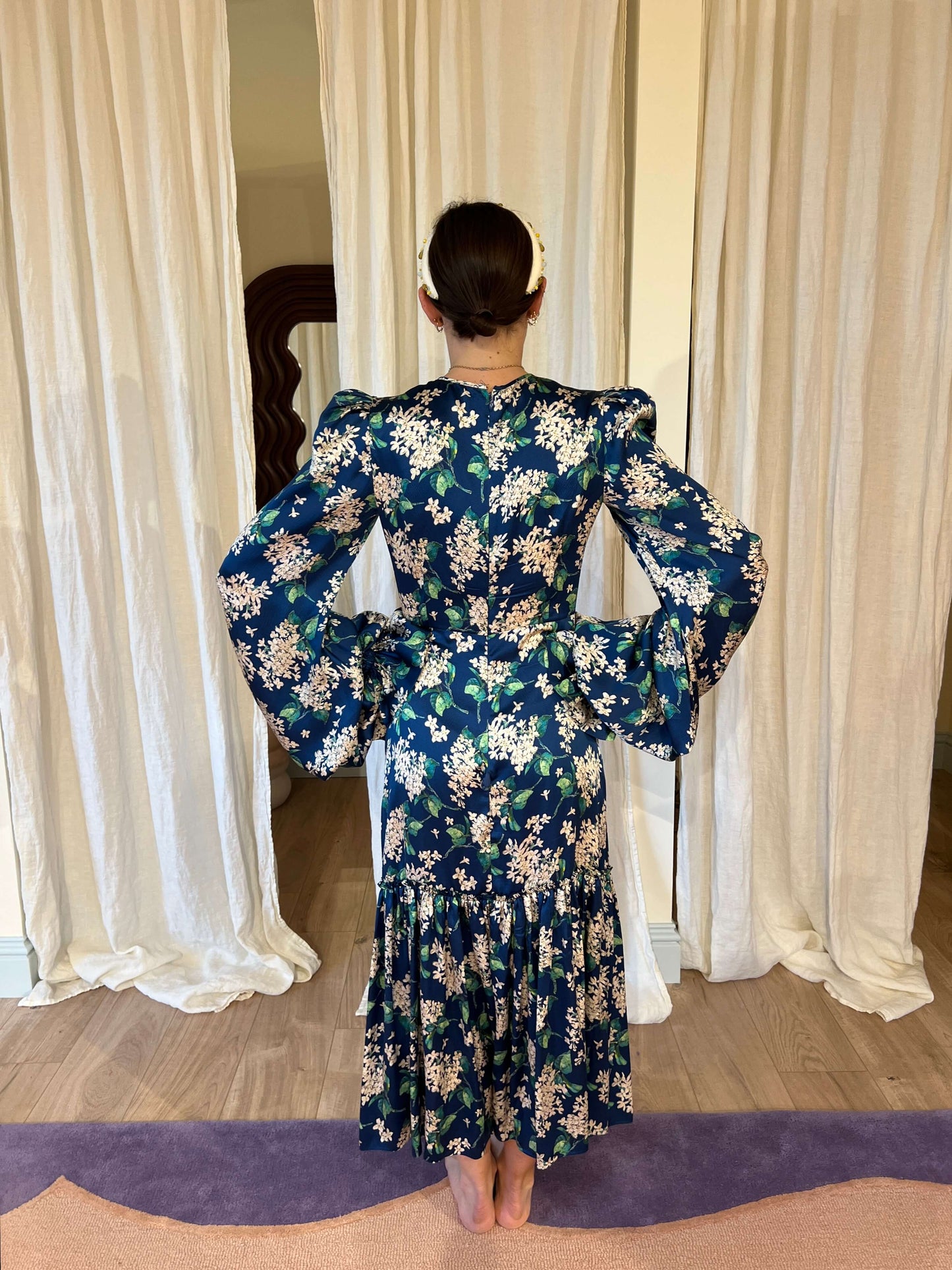 Floral Print Hammered Silk Midi Dress