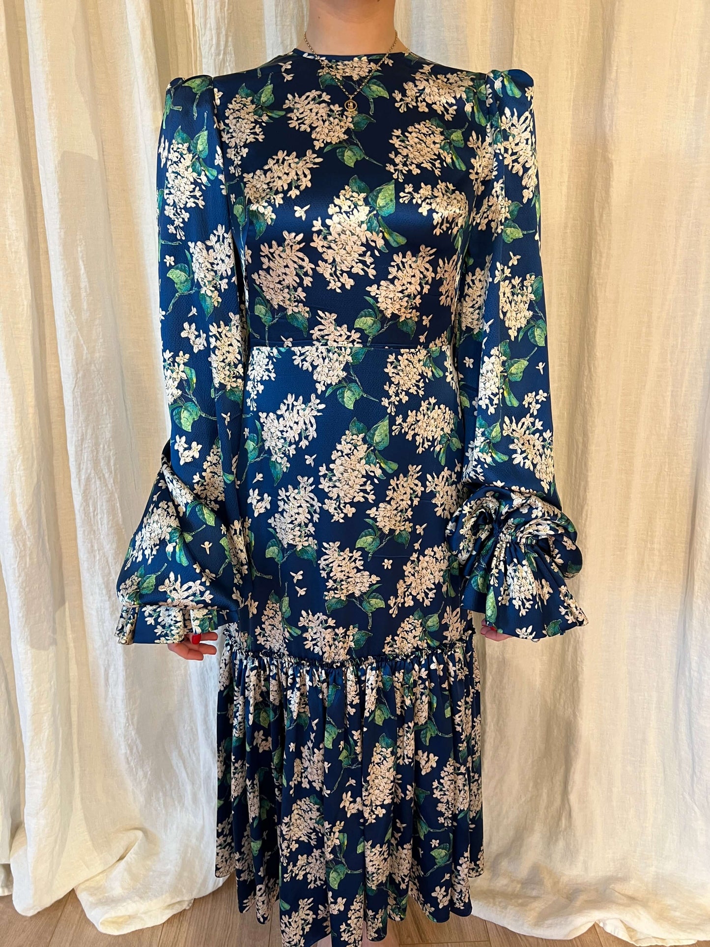Floral Print Hammered Silk Midi Dress