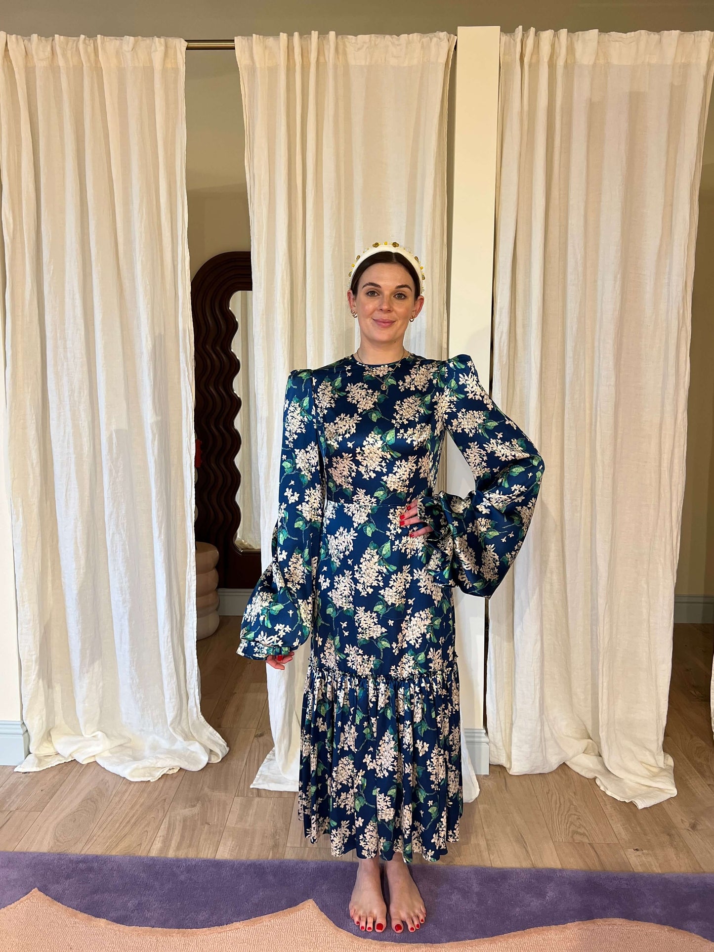Floral Print Hammered Silk Midi Dress