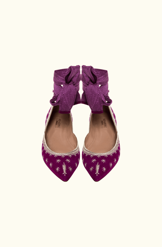 Aquazzura Purple Suede Leather Embroidered Ankle Wrap Ballet Flats UK5.5