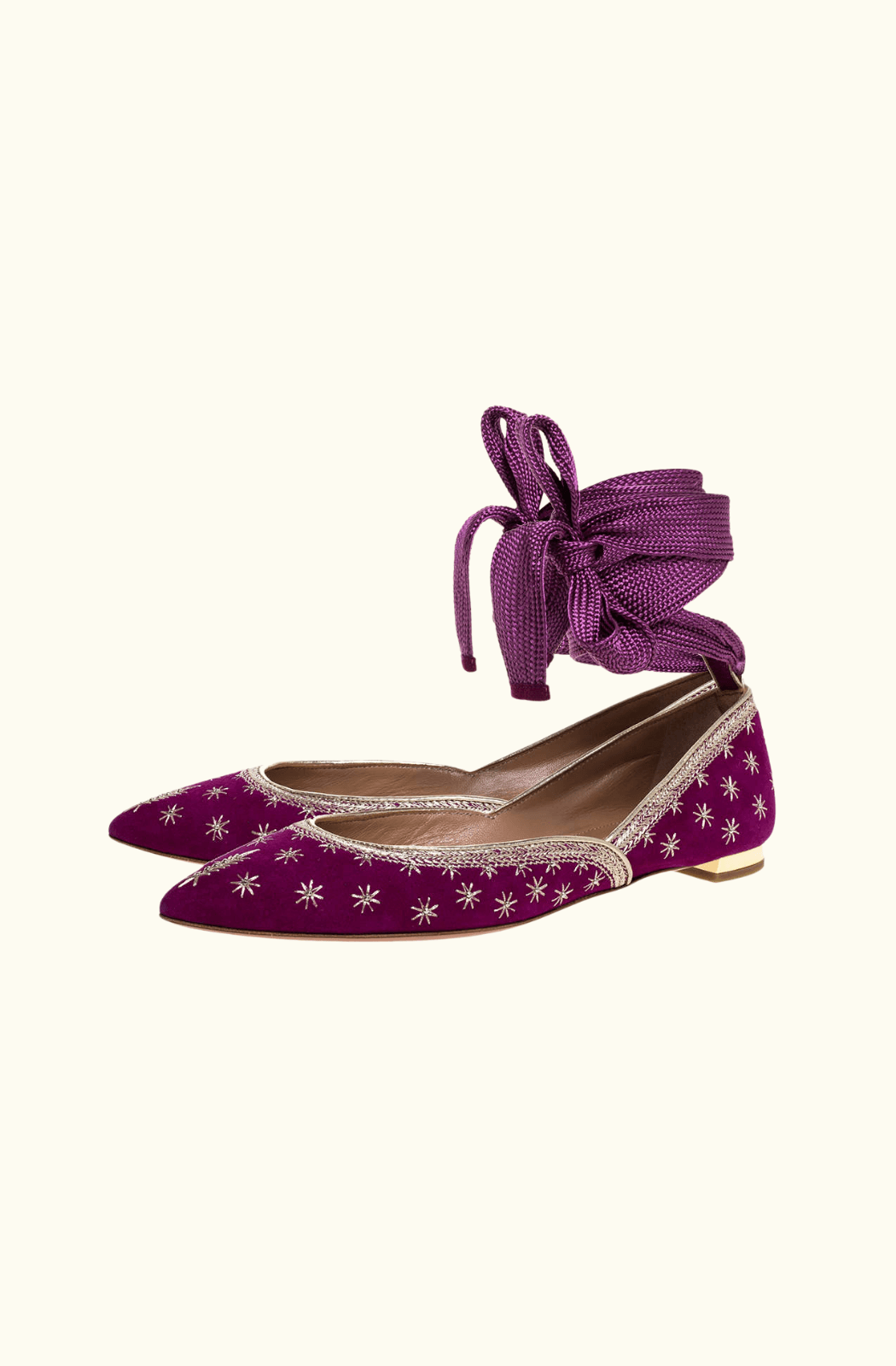 Aquazzura Purple Suede Leather Embroidered Ankle Wrap Ballet Flats UK5.5