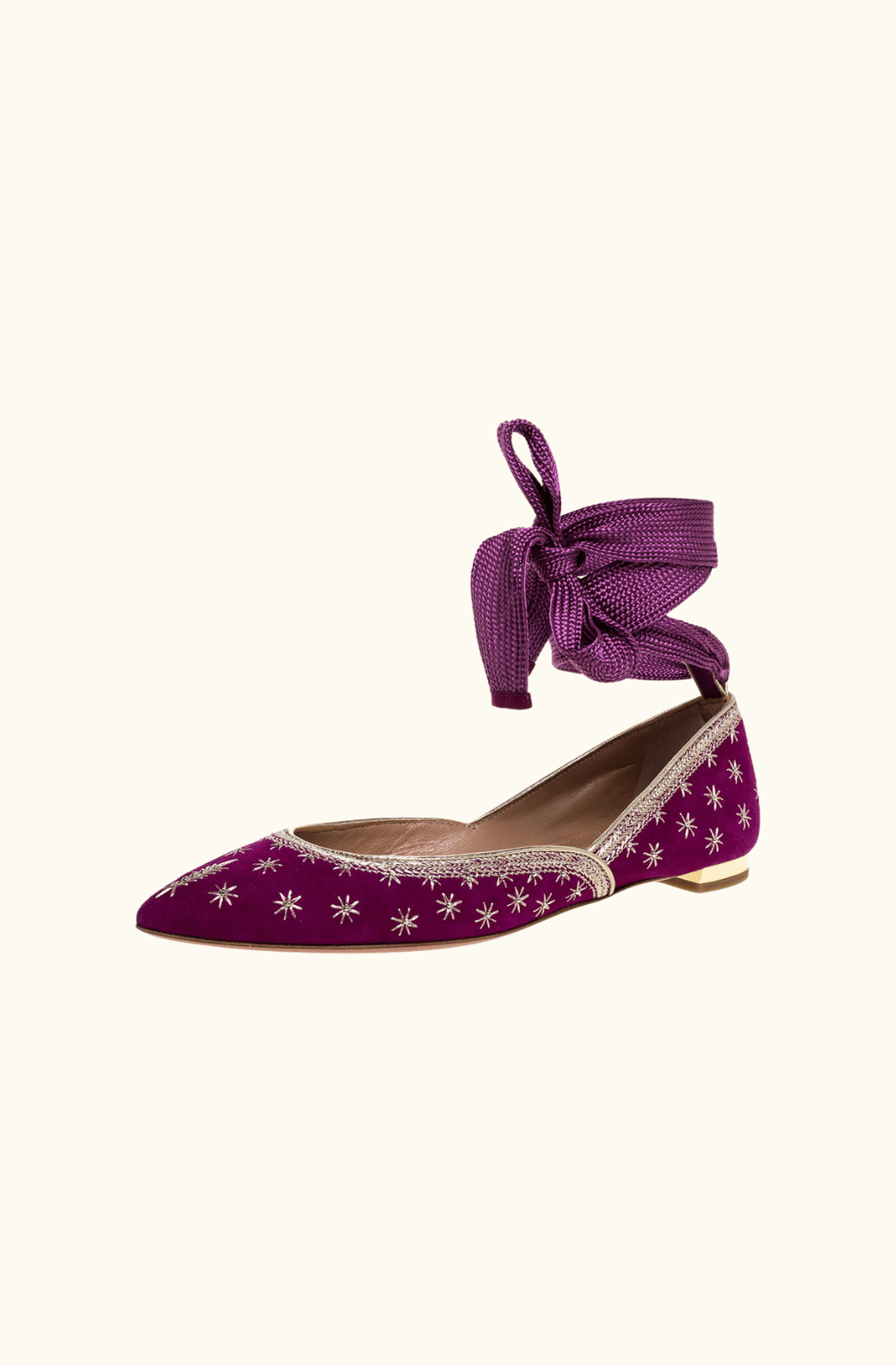 Aquazzura Purple Suede Leather Embroidered Ankle Wrap Ballet Flats UK5.5