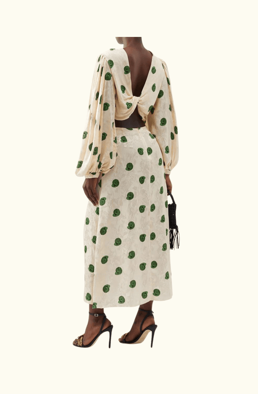 Johanna Ortiz seashell print midi dress in a cream colour with an open back