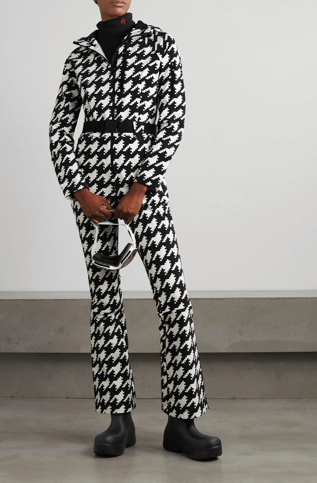 Perfect Moment Ski Suit Star Print Houndstooth model wearing ski suit via Net-a-Porter