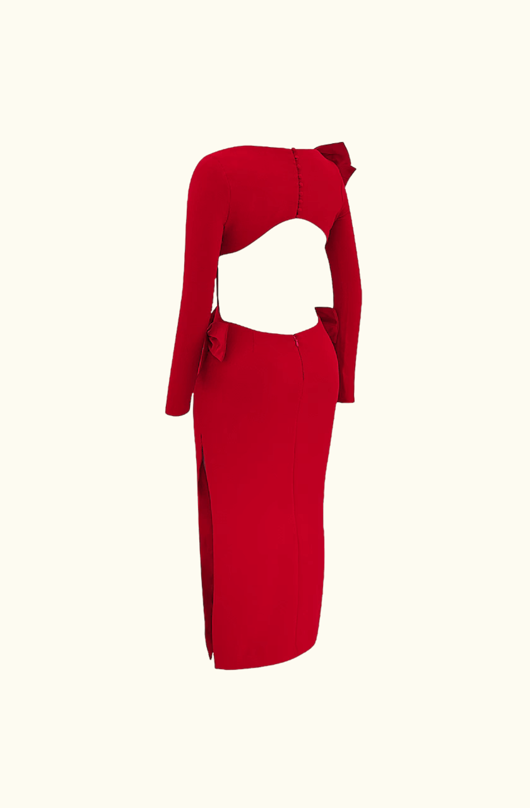 RED dress with open back and bow detail on white background