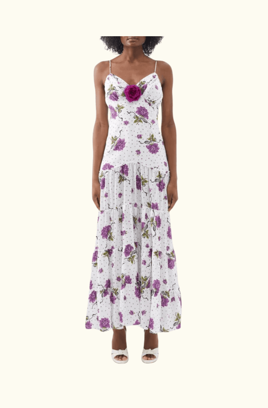 Rodarte Floral-Appliqué Printed Silk Slip Dress