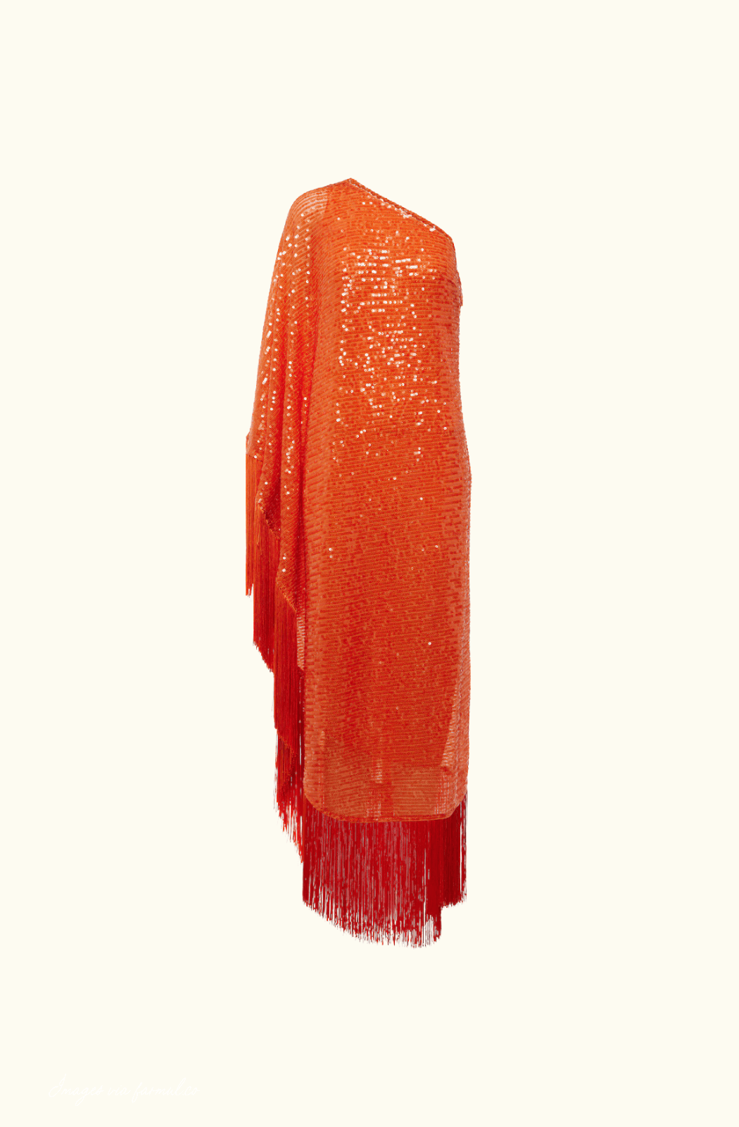 Model wearing the Taller Marmo Spritz Disco Sequined Maxi Dress in orange, front view showing high neckline and cape sleeves.