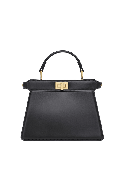 Iconic small Peekaboo bag made of black Cuoio Romano leather, embellished with hand stitching and the classic twist lock on both sides.