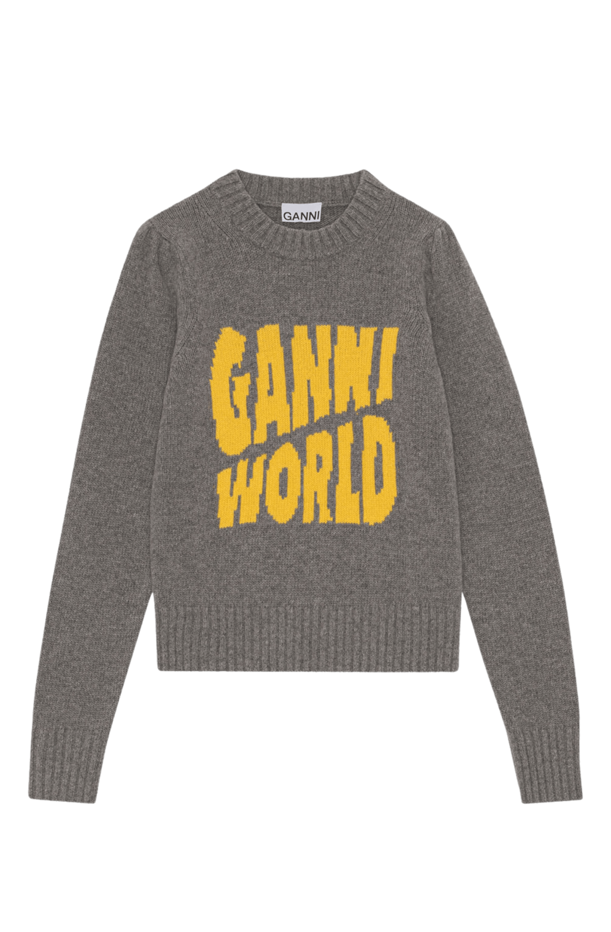 Graphic Pullover by Ganni it's made from a blend of certified recycled wool. The pullover is designed for a straight fit and features a round neckline, puff shoulders, GANNI world graphic and ribbed edges.