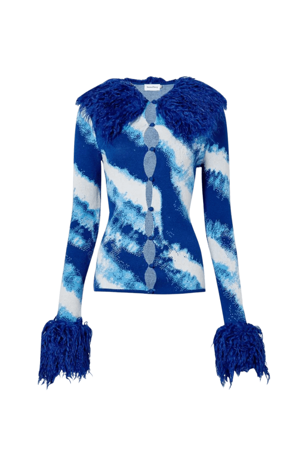 Cardigan with abstract print inspired by the sky of the great city Los Angeles. With neck and removable fists, made of vegan skin. Buttons closure