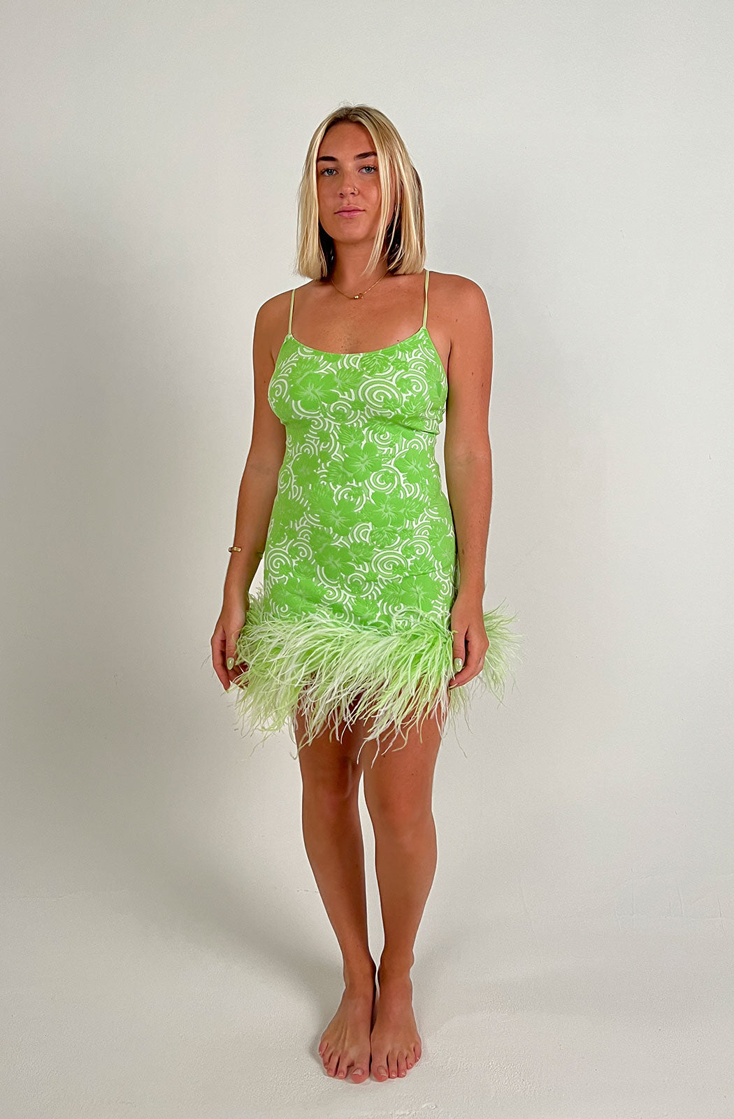 LESLIE AMON Laurie feather-trimmed jacquard-knit mini dress Front model view 
