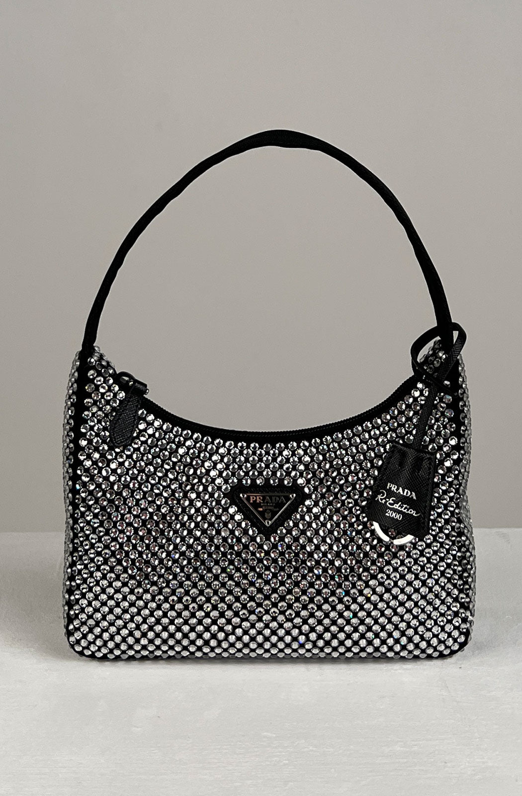 Black Satin Crystal Embellished Re-Edition 2000 Mini Bag