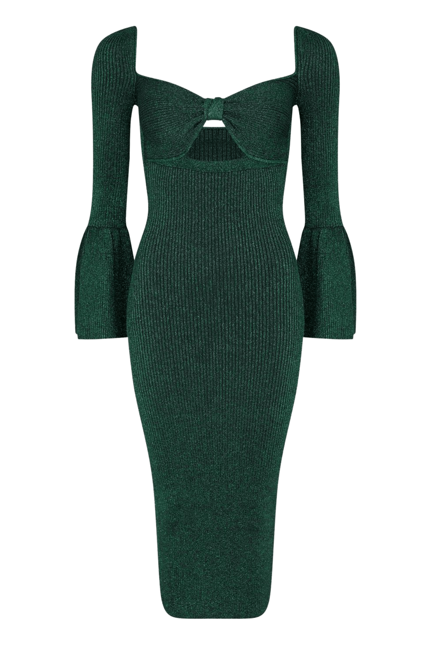 the Ribbed Bow Bust Midi Dress from self Portrait. Designed with a sweetheart neckline and long sleeves, this dress is characterised by puffed shoulders and flared cuffs to the ends of the sleeves. Cut to a midi length in a ribbed construction, this dress is finished with a bow detail to the bust with a sultry cut out to the middle.
