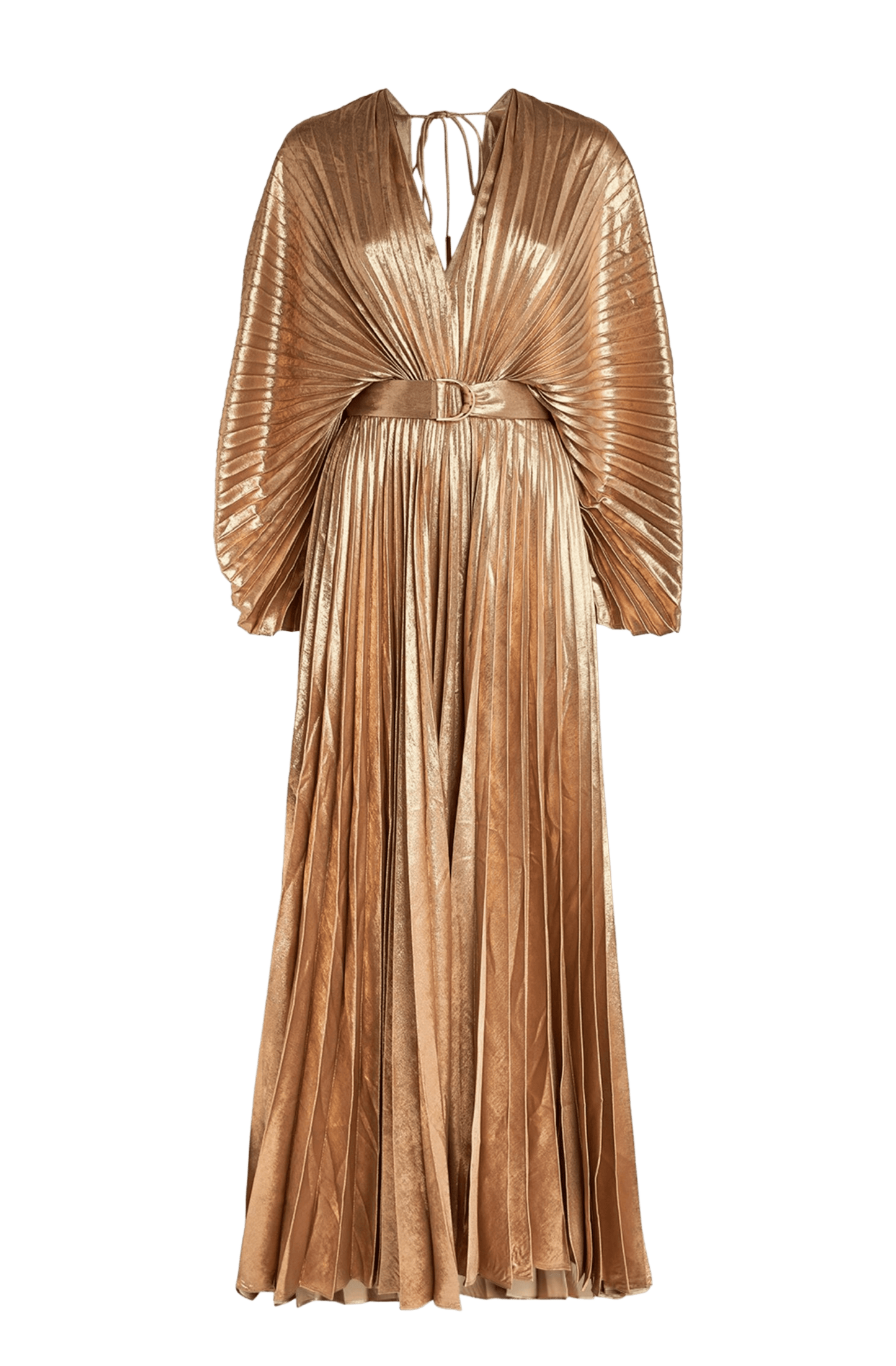 Acler Women's Natural Westover Dress The Westover Dress in Gold by Acler is a maxi dress crafted in a gold pleated fabrication featuring full length sleeves, a plunging neckline, open back, and statement belt.
